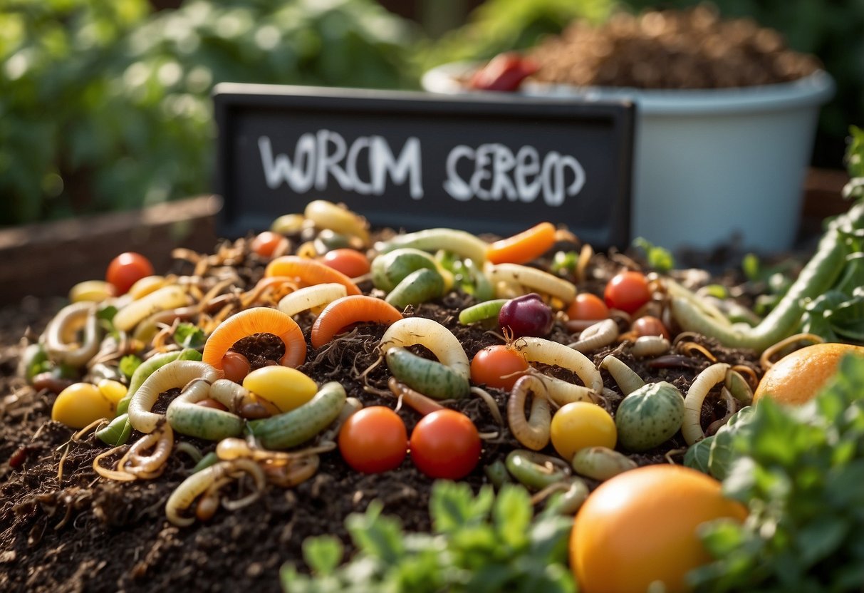 A pile of vegetable and fruit scraps is surrounded by a group of worms in a well-maintained garden bed. A sign nearby reads "Worm-friendly food scraps" with tips for creating a successful worm garden