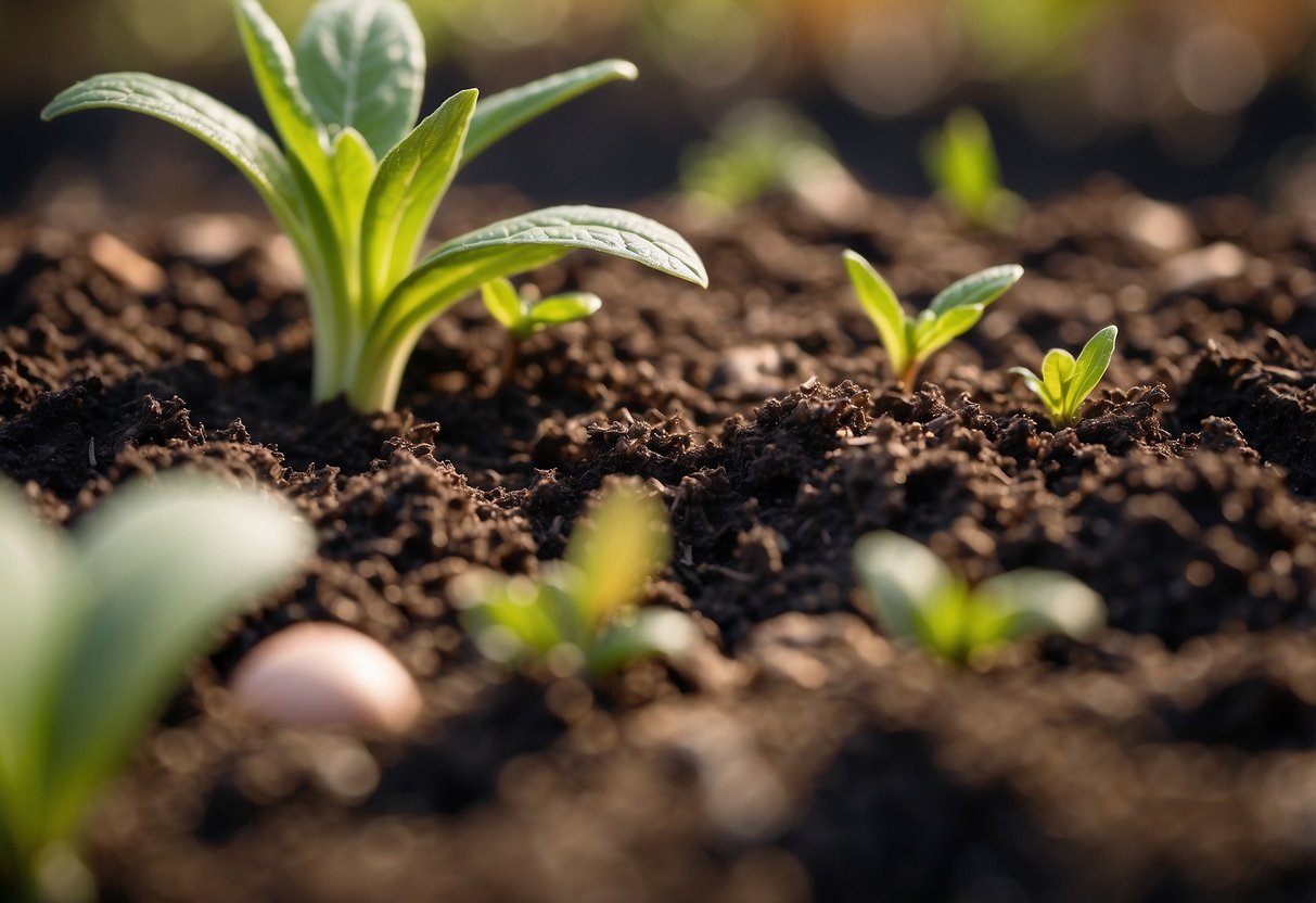 A garden bed with soil and worms, with aeration holes and compost tips nearby