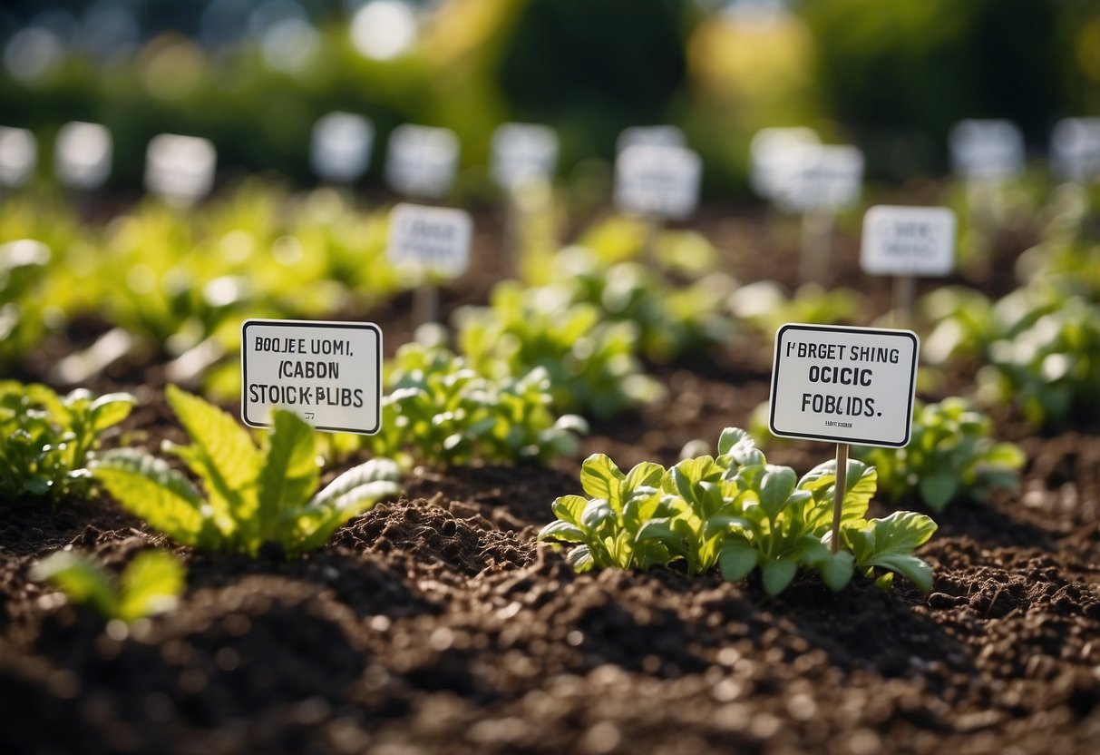 A garden with signs warning against acidic foods, with worms visible in the soil