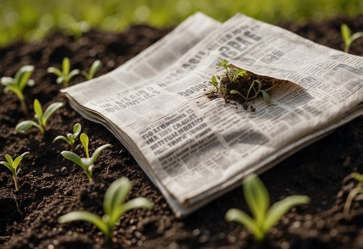 Newspaper and cardboard cover the ground in a worm garden, providing a cozy bedding for the worms