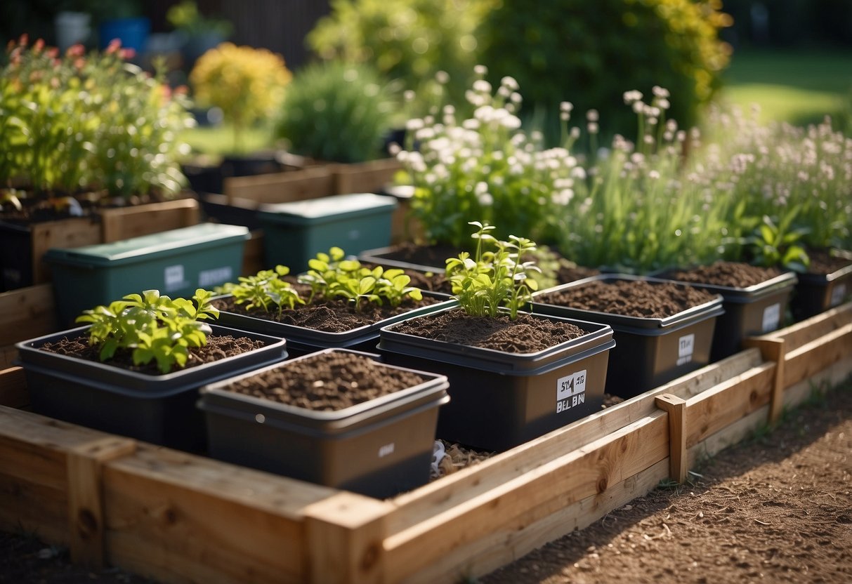 A neatly maintained garden with labeled worm bins, sealed compost containers, and pest-repellent plants