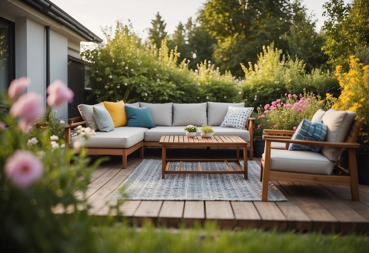 A spacious backyard with composite decking leading to a lush green grass garden, surrounded by colorful flowers and cozy outdoor furniture