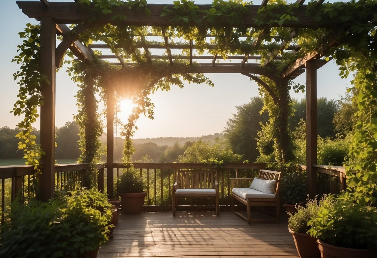 A pergola adorned with lush vines overlooks a deck and grass garden, creating a serene and inviting outdoor space