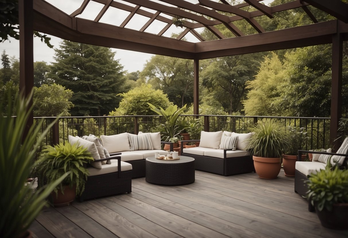 A multilevel deck overlooks a lush grass garden, with seating areas and potted plants creating a tranquil outdoor space