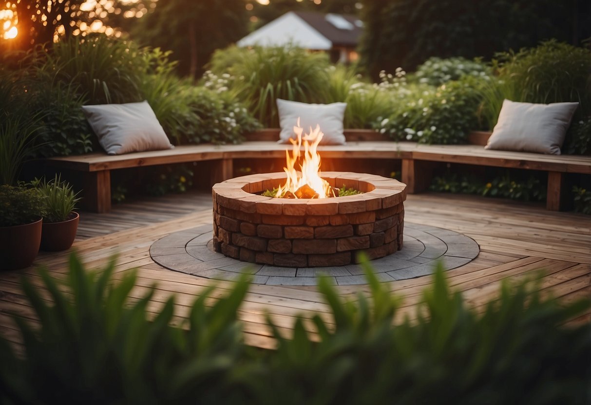 A fire pit sits in the center of a wooden decking area, surrounded by lush green grass and garden plants. The warm glow of the fire creates a cozy and inviting atmosphere for outdoor gatherings