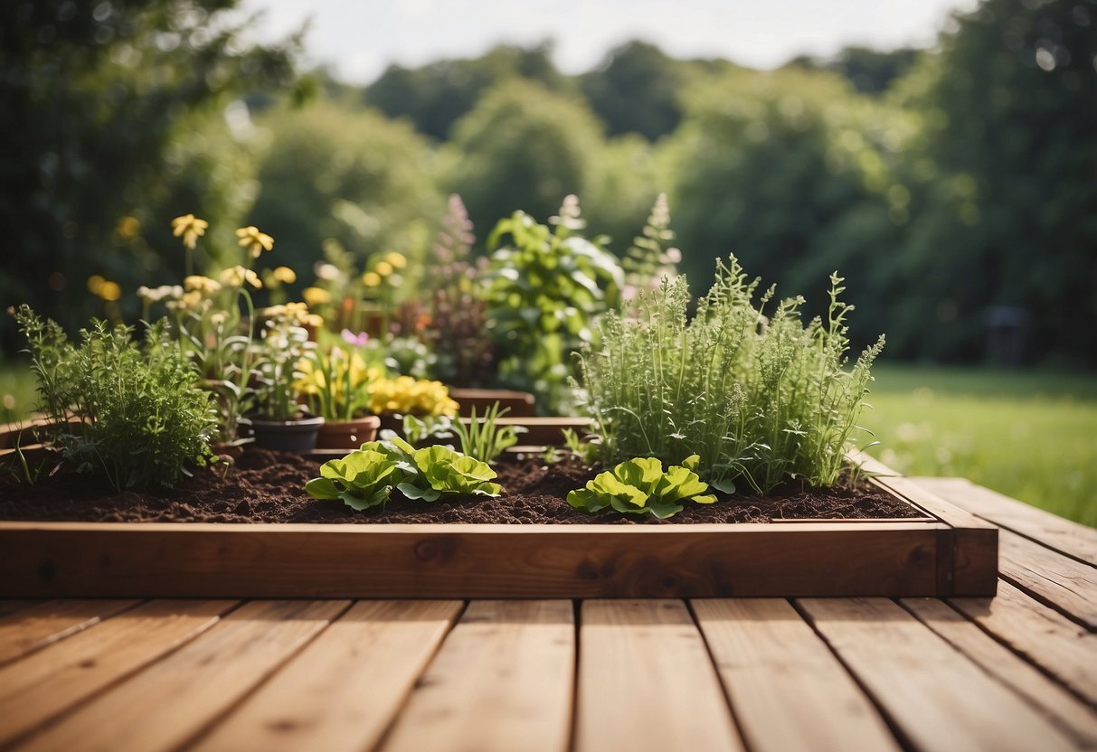 A wooden deck with raised garden beds surrounded by lush green grass