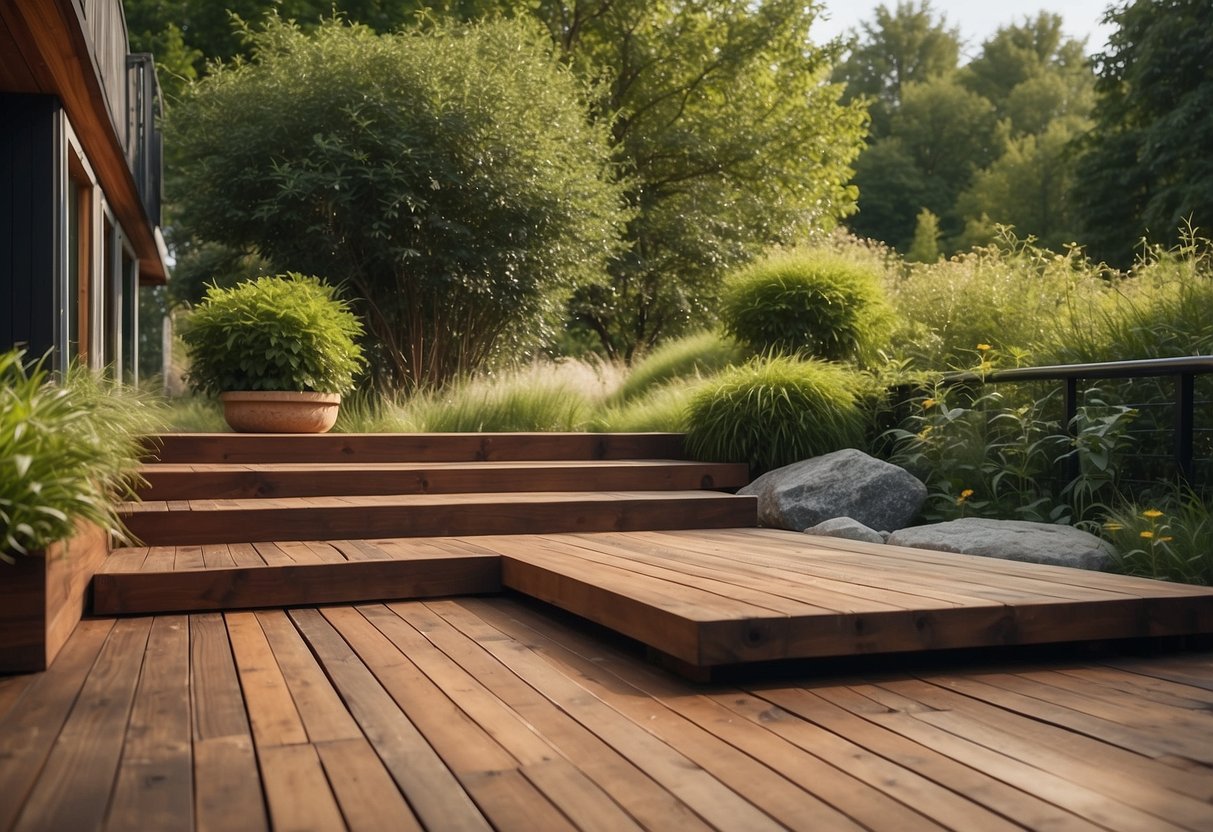 A wooden deck with integrated seating surrounded by a lush green grass garden