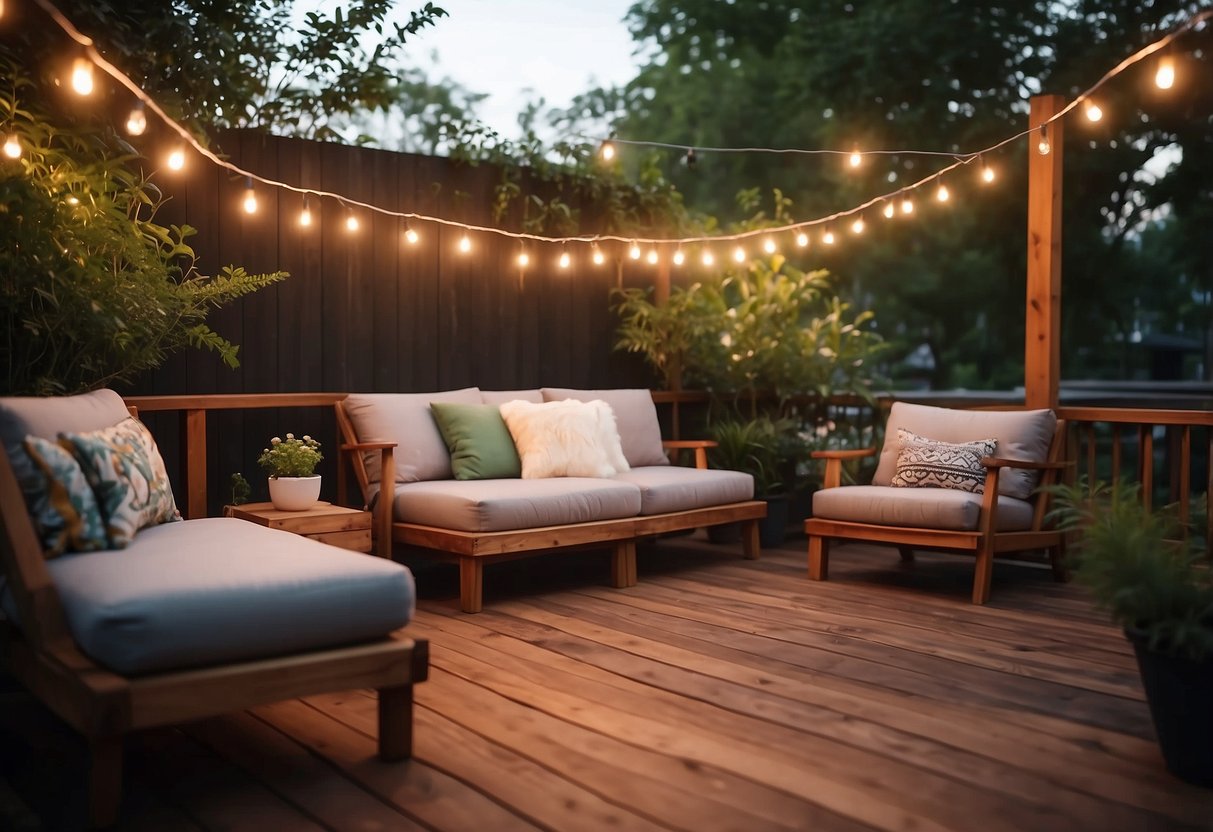 String lights drape across a wooden deck, illuminating a lush grass garden with cozy seating areas