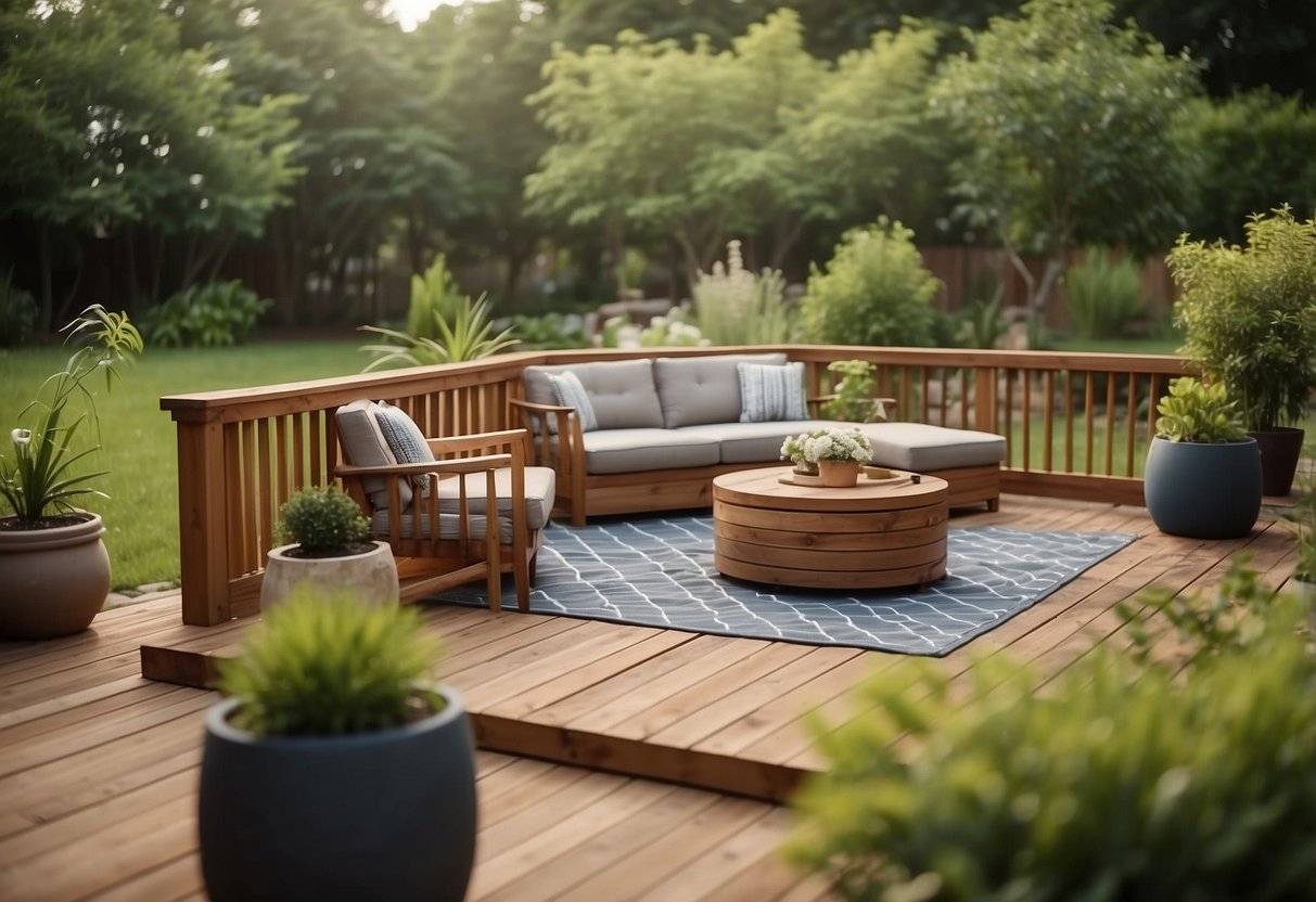 A well-kept wooden deck surrounded by lush green grass, with potted plants and comfortable outdoor furniture, creating a serene and inviting outdoor space