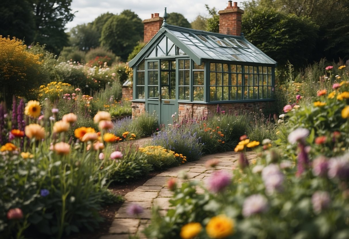 A quaint English cottage garden with a glass house, filled with colorful flowers, winding pathways, and a charming rustic bench