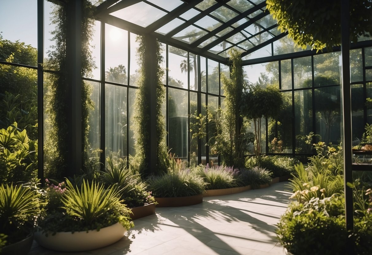 A lush garden surrounds a modern glass house with Mediterranean-inspired architecture. Sunlight filters through the transparent walls, illuminating the vibrant greenery within