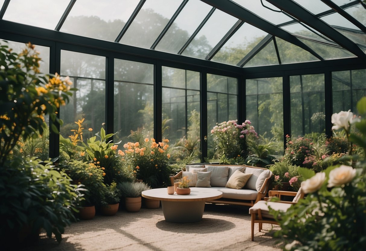 A glass house surrounded by lush, vibrant flowers and greenery, with a cozy seating area and soft lighting creating a romantic and serene atmosphere