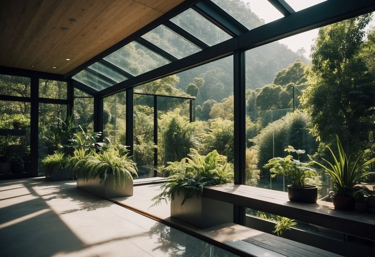 Lush greenery fills a modern glass house, with sustainable features like solar panels and rainwater collection. A peaceful sanctuary blending nature and technology