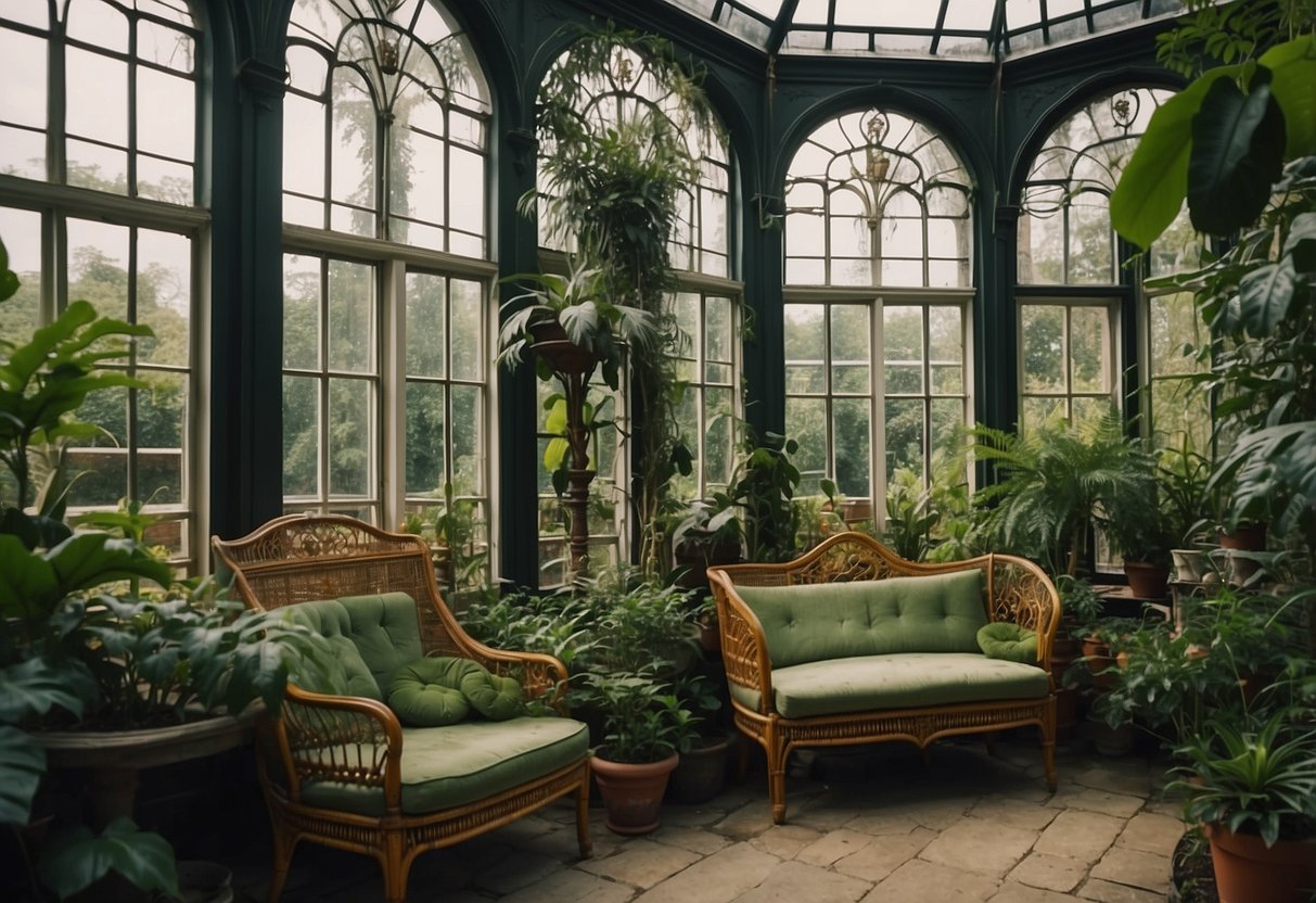 A Victorian garden room with lush greenery, ornate furniture, and a glass conservatory filled with exotic plants and flowers