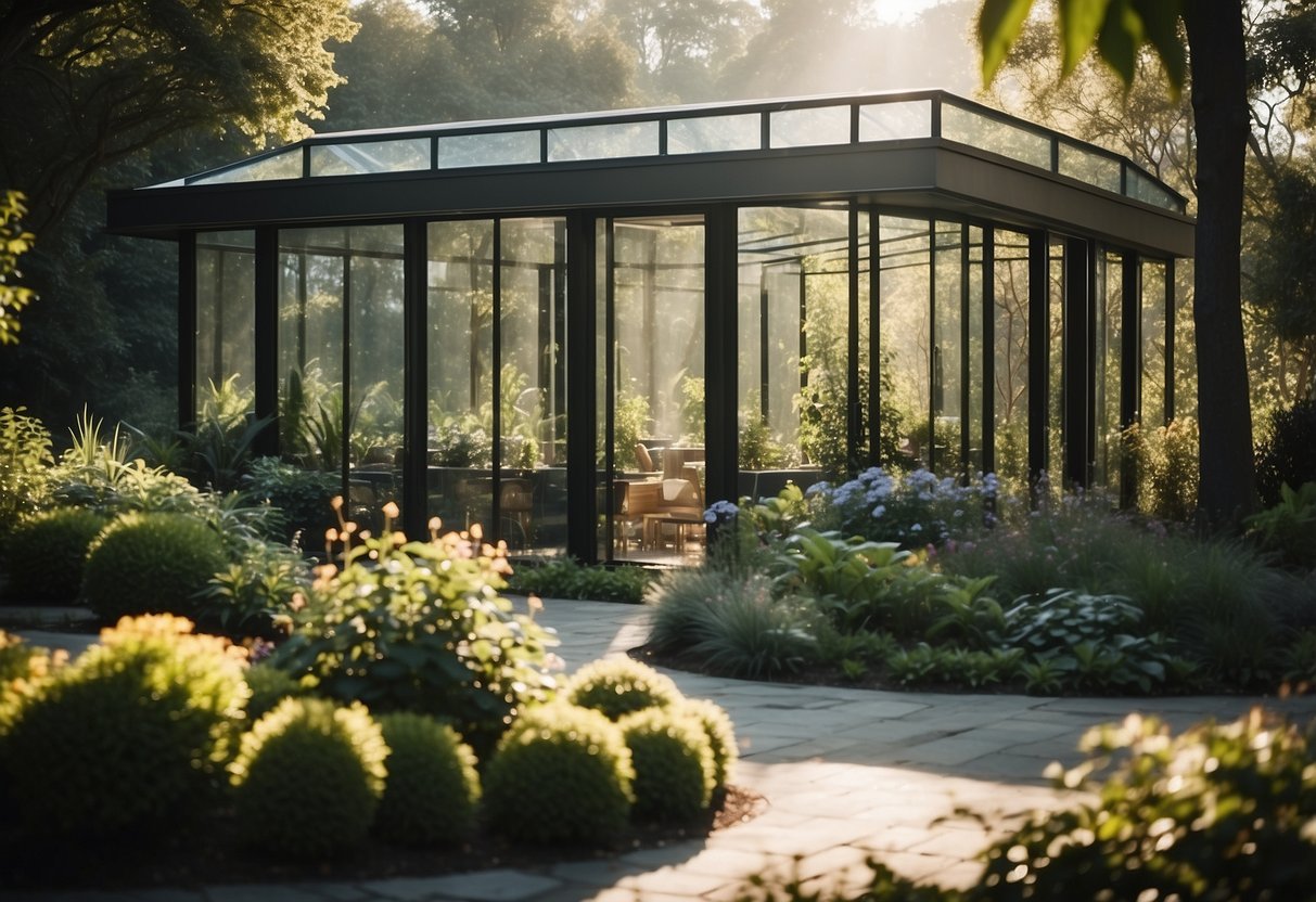 A lush garden surrounds a sleek glass house, nestled among trees and flowers, with sunlight streaming through the transparent walls