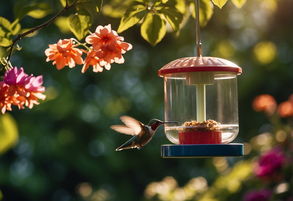 A colorful hummingbird feeder hangs from a tree branch in a lush garden, surrounded by vibrant flowers and foliage. The sunlight glistens off the feeder, attracting the attention of a tiny, hovering hummingbird