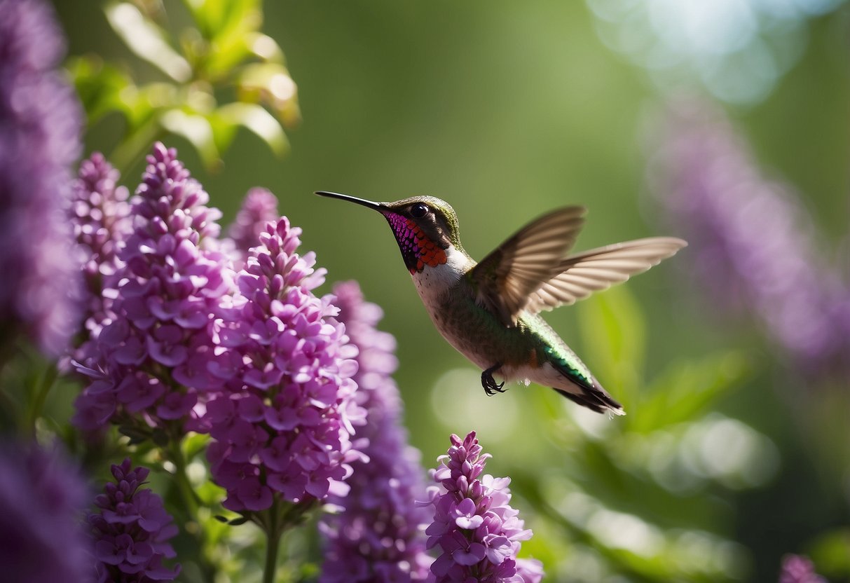 A vibrant garden blooms with colorful perennials, attracting hummingbirds with their bright hues and sweet nectar