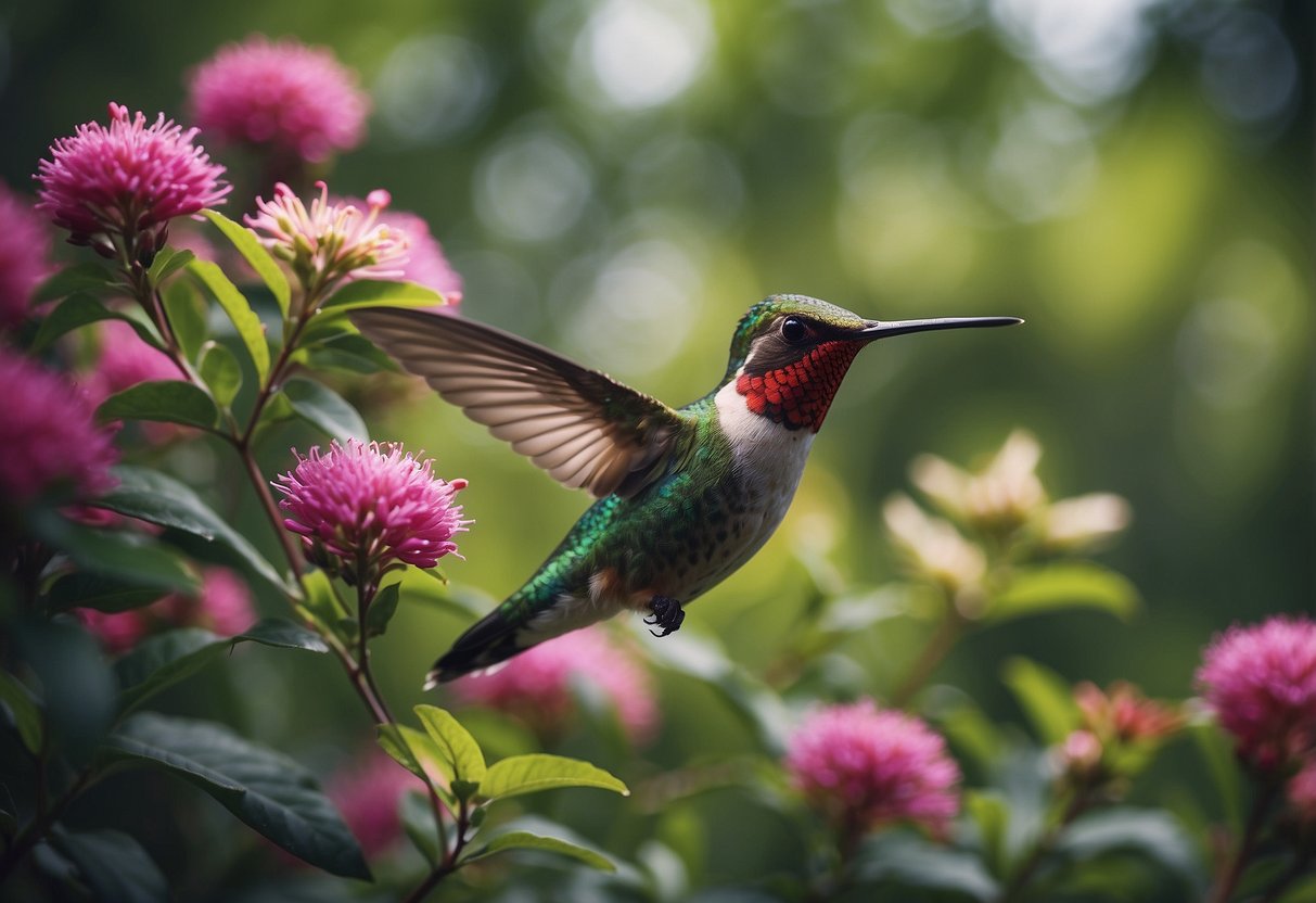 Flowering shrubs bloom in a lush garden, attracting hummingbirds with vibrant colors and sweet nectar