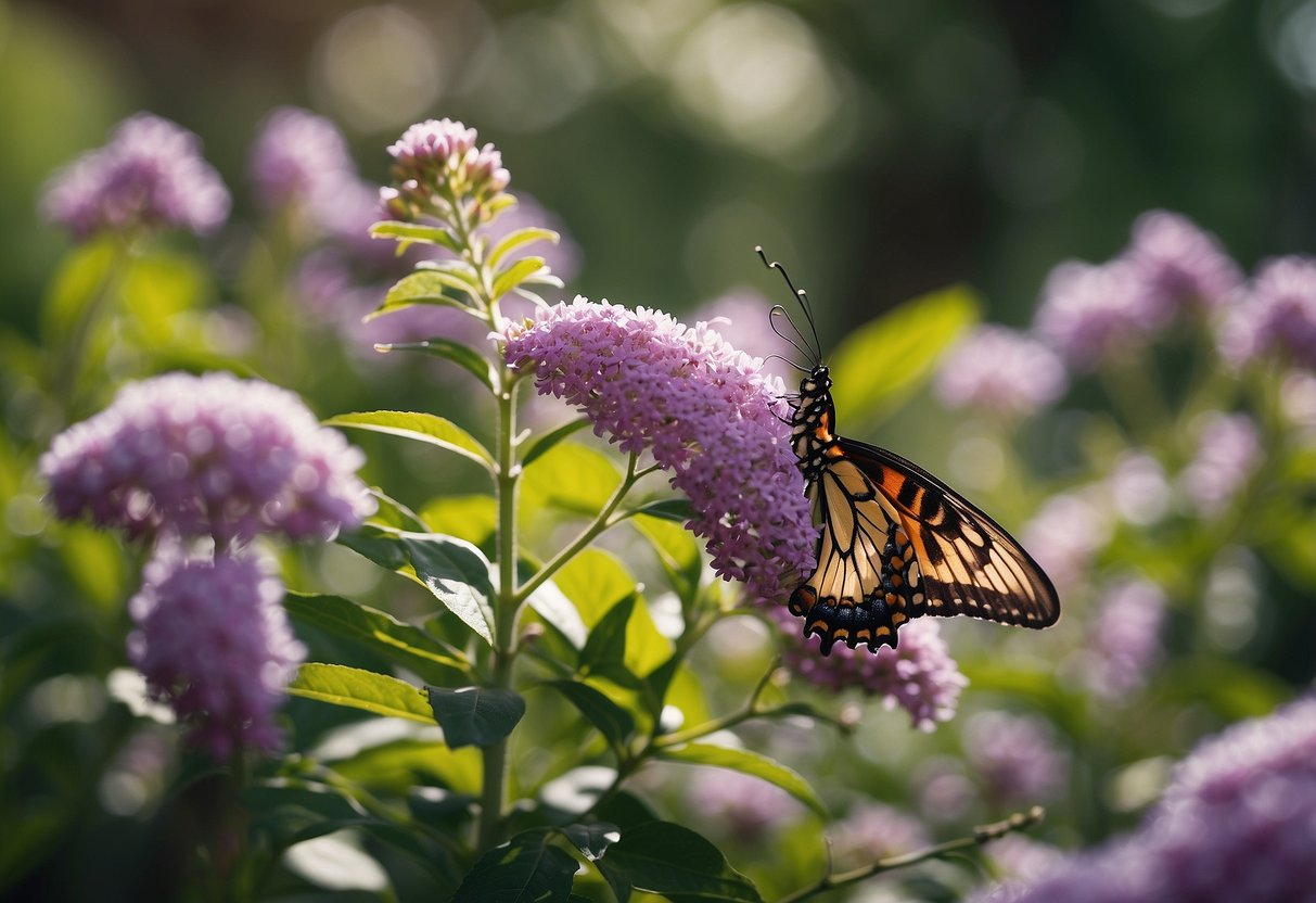 Butterfly bushes bloom in a vibrant garden, attracting hummingbirds with their colorful flowers. The air is filled with the gentle hum of the tiny birds flitting from blossom to blossom