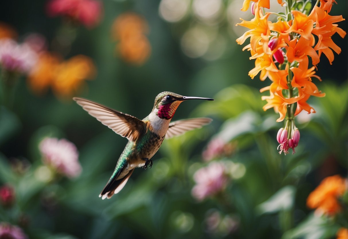 A lush garden filled with vibrant flowers and hanging feeders, visited by colorful hummingbirds darting among the blooms