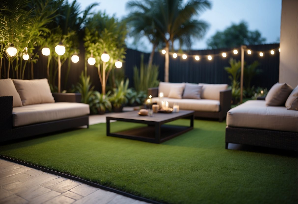 A lush, green artificial grass garden with modern furniture and decorative lighting, creating a luxurious and low-maintenance outdoor space