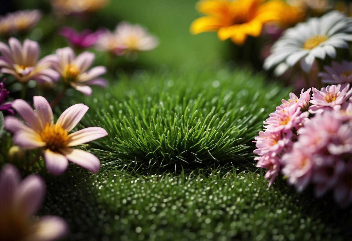 A lush, vibrant artificial grass garden with durable sports turf, surrounded by colorful flowers and neatly trimmed edges