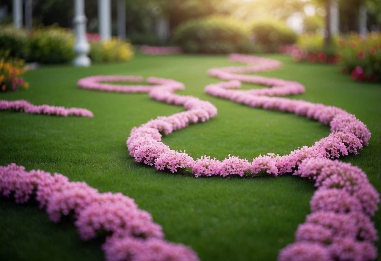 A winding path of artificial grass weaves through a garden, bordered by colorful flowers and shrubs