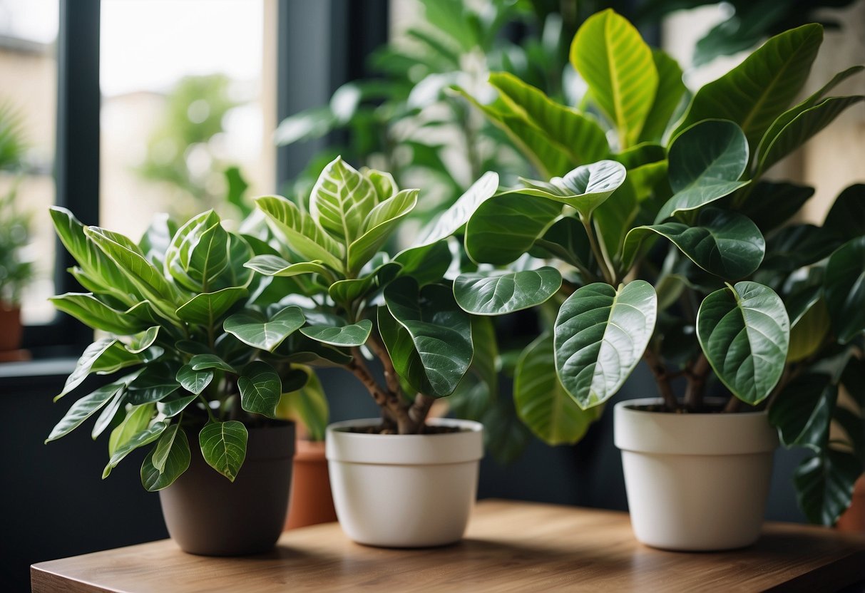 A garden with a faux fiddle leaf fig tree surrounded by artificial plants