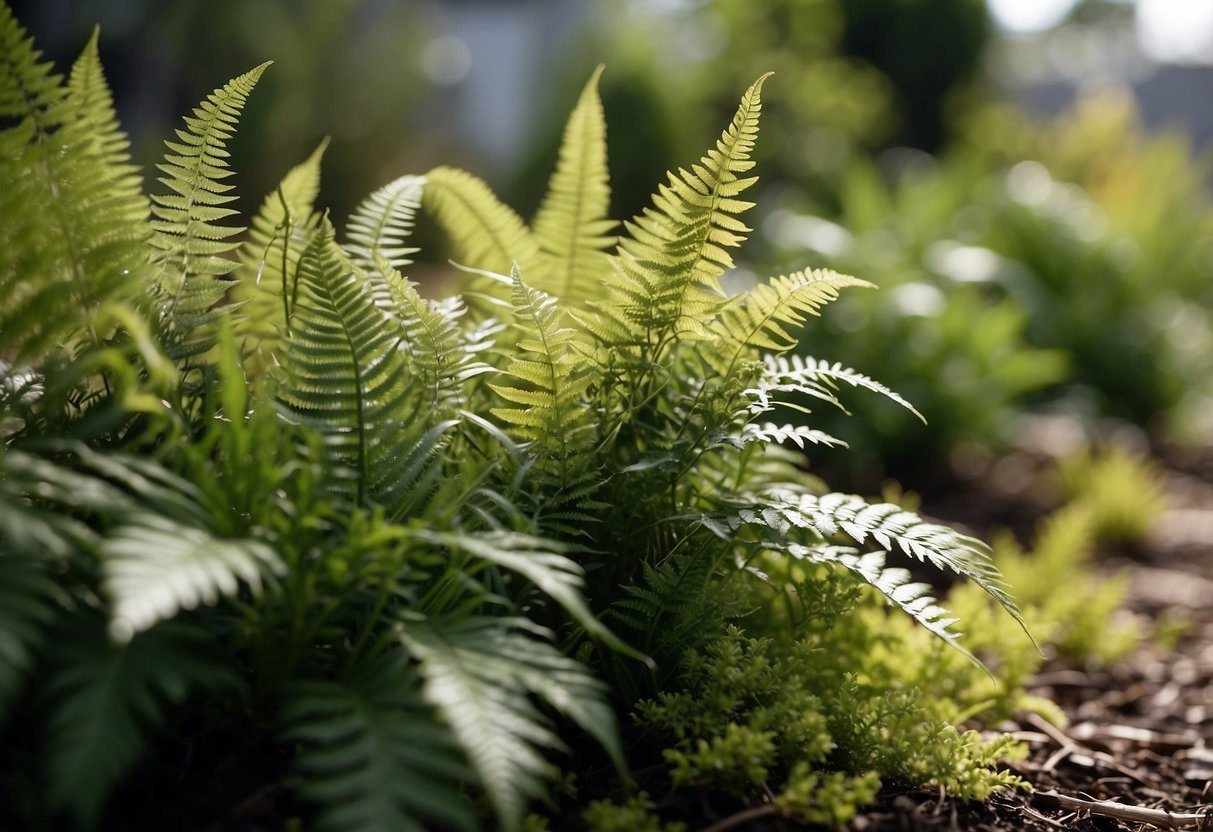 A garden with plastic outdoor ferns and artificial plants, arranged in a natural and appealing manner