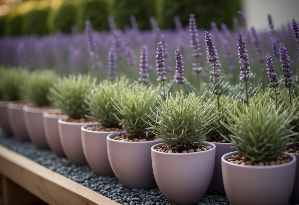 A garden filled with artificial lavender pots, arranged in a symmetrical pattern with green foliage and small pebbles