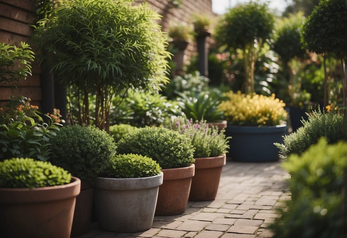 A lush garden filled with artificial plants, creating a low-maintenance and vibrant outdoor space. The artificial plants are arranged in various containers and hanging baskets, adding color and texture to the garden design