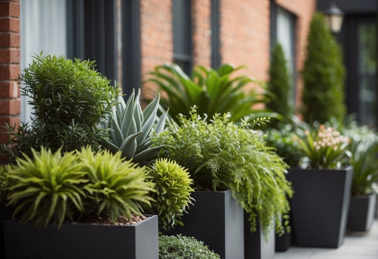 A cozy outdoor patio with a variety of artificial plants arranged in stylish planters, creating a lush and vibrant garden space