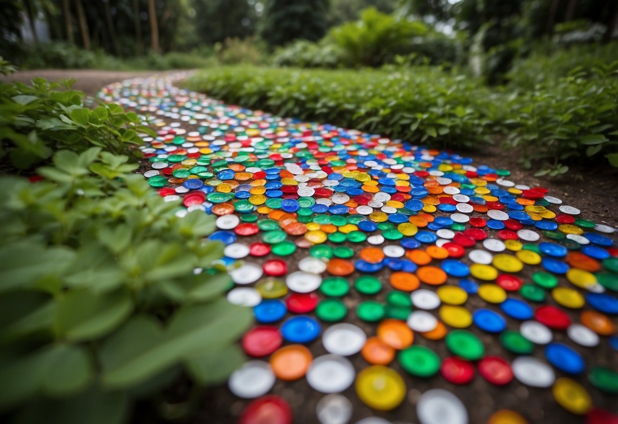 A winding path made of bottle caps creates a colorful and unique garden feature, leading visitors through the lush greenery