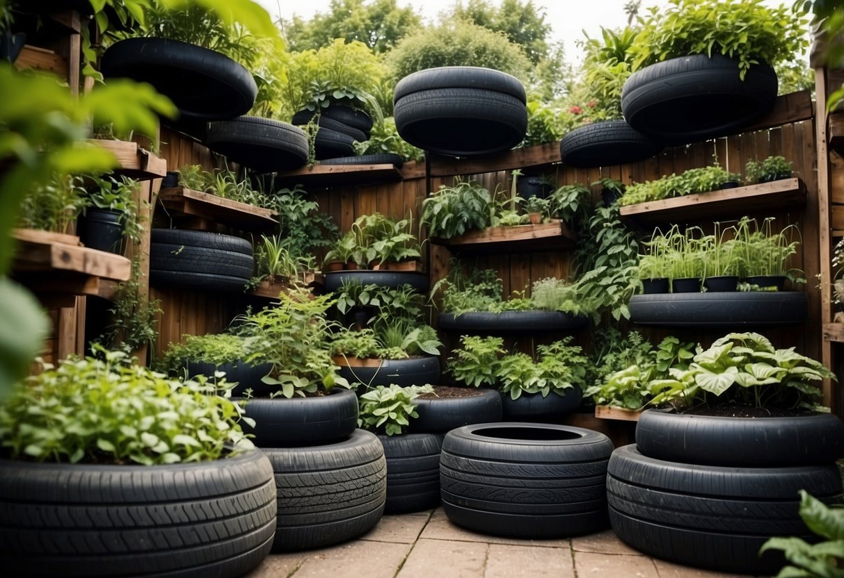 A garden filled with repurposed materials like old tires, plastic bottles, and pallets. Plants grow in vertical gardens, and compost bins are made from recycled wood