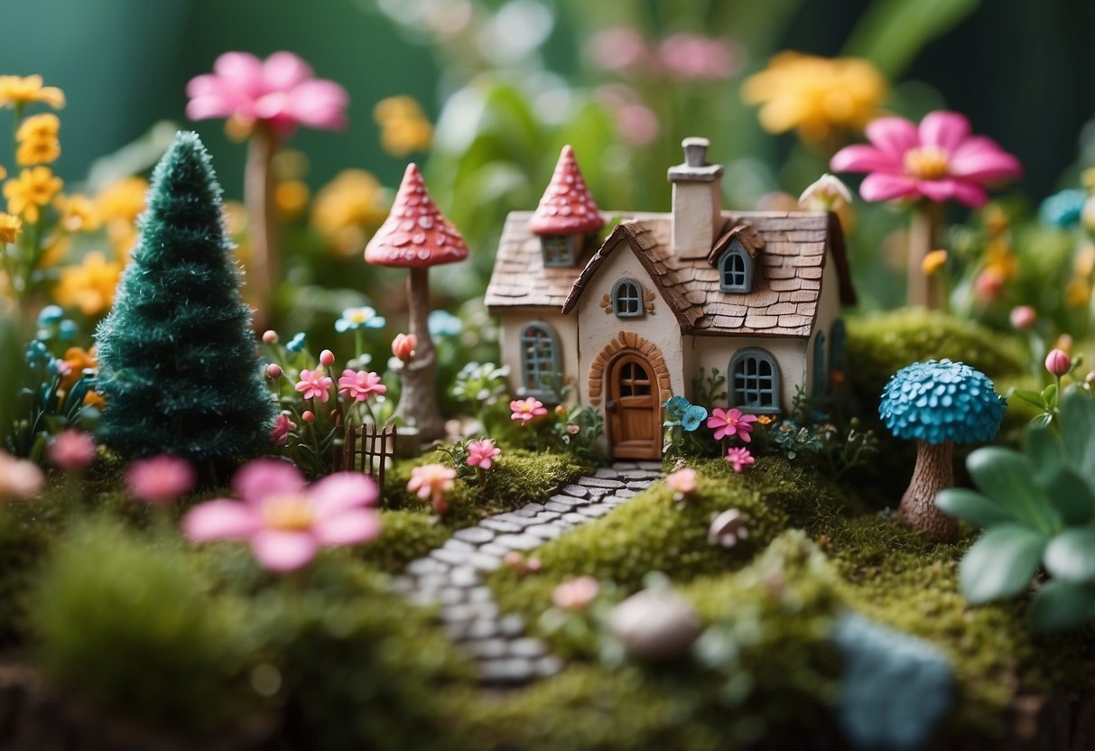 A whimsical fairy garden with tiny ornaments, miniature houses, and colorful flowers nestled among lush greenery