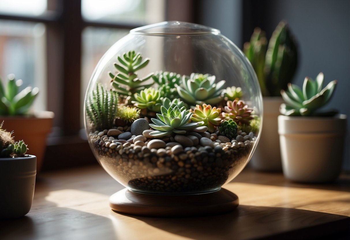 A glass terrarium sits on a wooden table, filled with various succulents and small decorative stones. Sunlight streams in, casting shadows on the plants