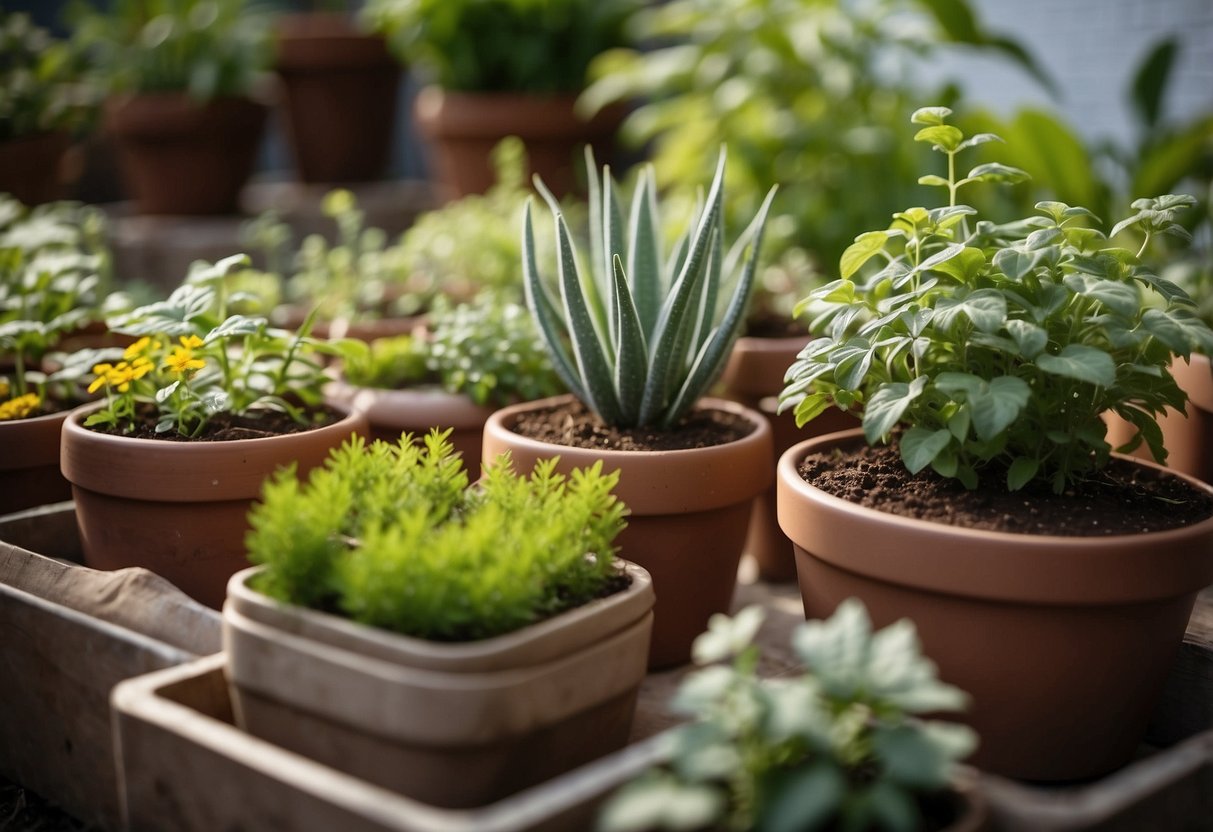 A lush garden filled with biodegradable plant pots, showcasing sustainable airbnb garden ideas