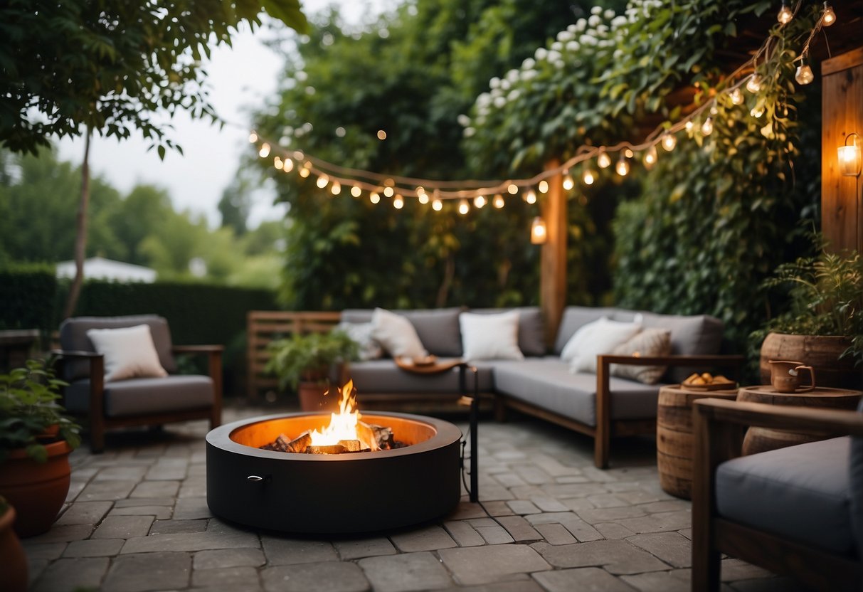 A cozy outdoor seating area surrounded by lush greenery, with a small fire pit and string lights creating a warm and inviting atmosphere