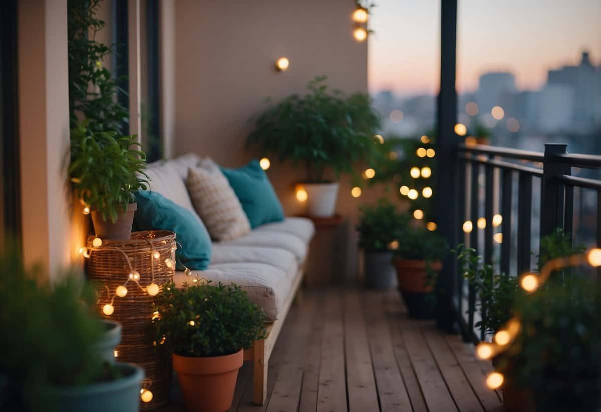 A cozy balcony garden adorned with twinkling string lights, potted plants, and comfortable seating