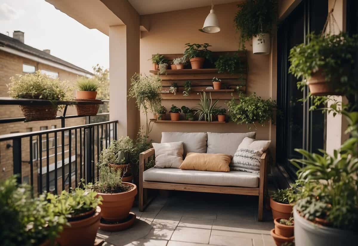 A small balcony with space-saving furniture, potted plants, and hanging gardens. A cozy and functional outdoor space