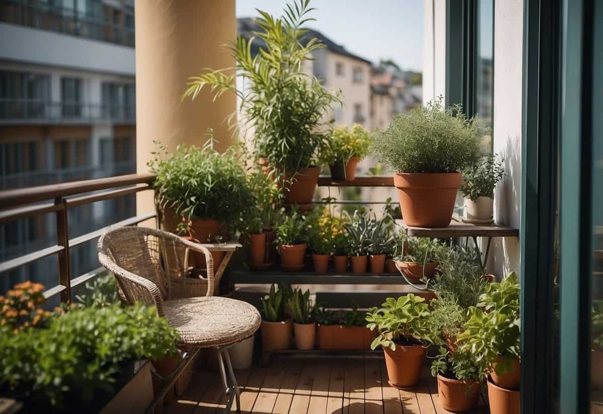 A small balcony with a foldable table surrounded by potted plants and herbs, with hanging baskets and a cozy seating area