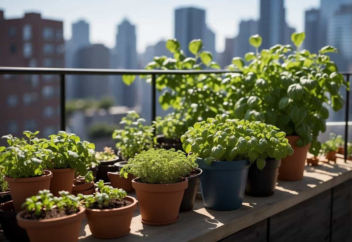 A balcony garden with basil herb plants in various containers, surrounded by other vegetables and flowers, with a backdrop of city buildings and a clear blue sky