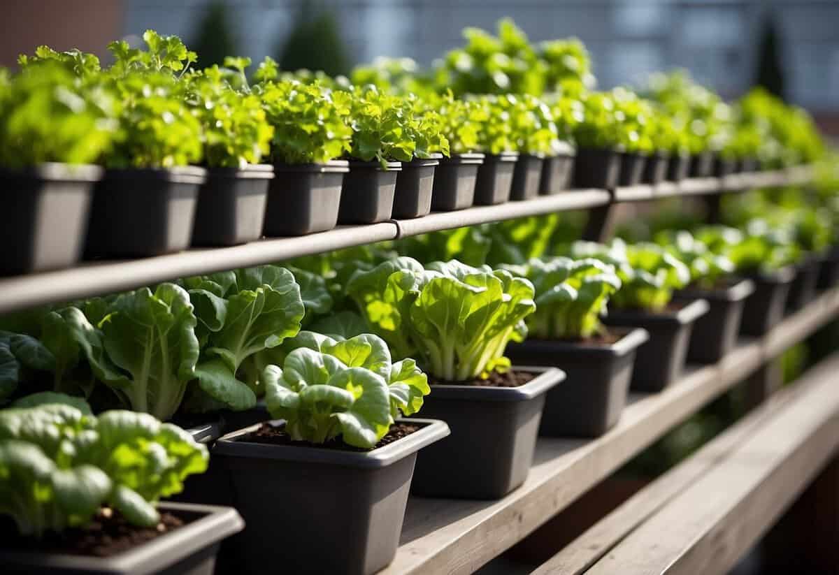 A balcony filled with vibrant green lettuce plants in various containers, with hanging baskets and trellises for vertical growing