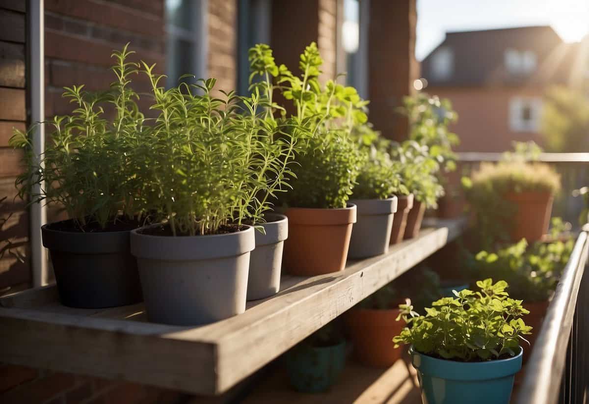 A balcony with a herb garden kit, pots of various sizes, and a variety of herbs growing. The sun is shining, and there are small gardening tools nearby