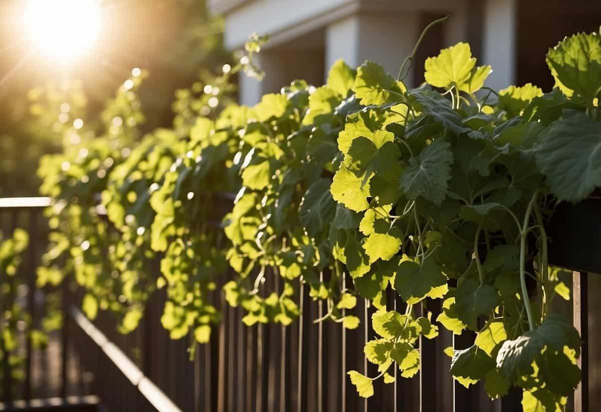 A lush cucumber vine winds around a balcony railing, with pots of other vegetables and herbs arranged neatly. The sun shines down, casting a warm glow on the thriving garden