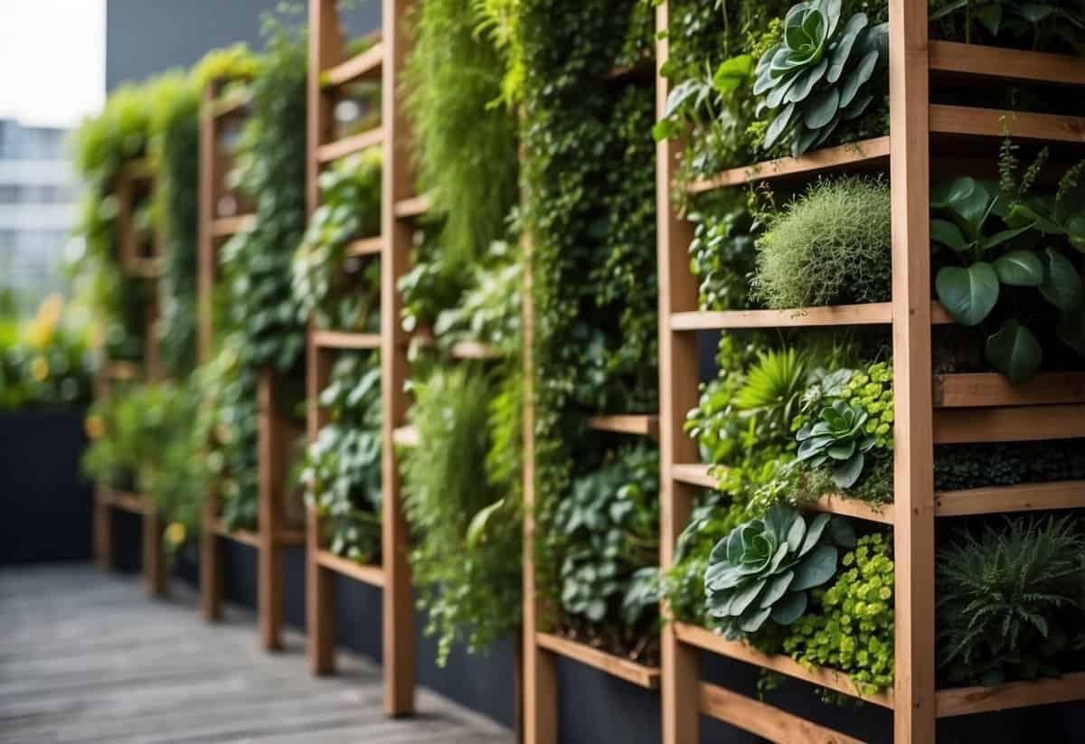 A vertical garden with lush greenery cascading from wooden frames