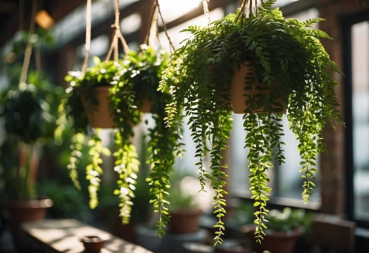 Lush greenery spills from hanging planters, creating a mini jungle garden. Vibrant leaves and delicate tendrils cascade down, adding a touch of nature to any space