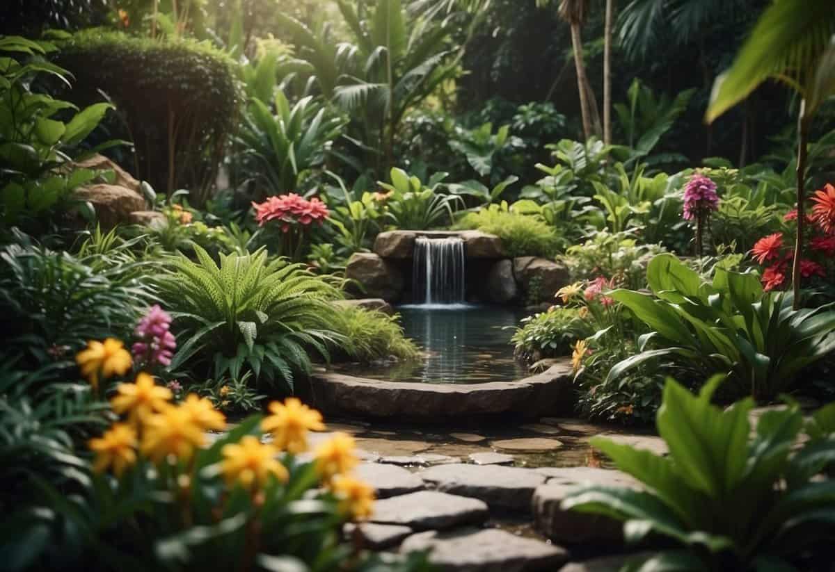 A tranquil jungle garden with small water features, lush greenery, and colorful flowers