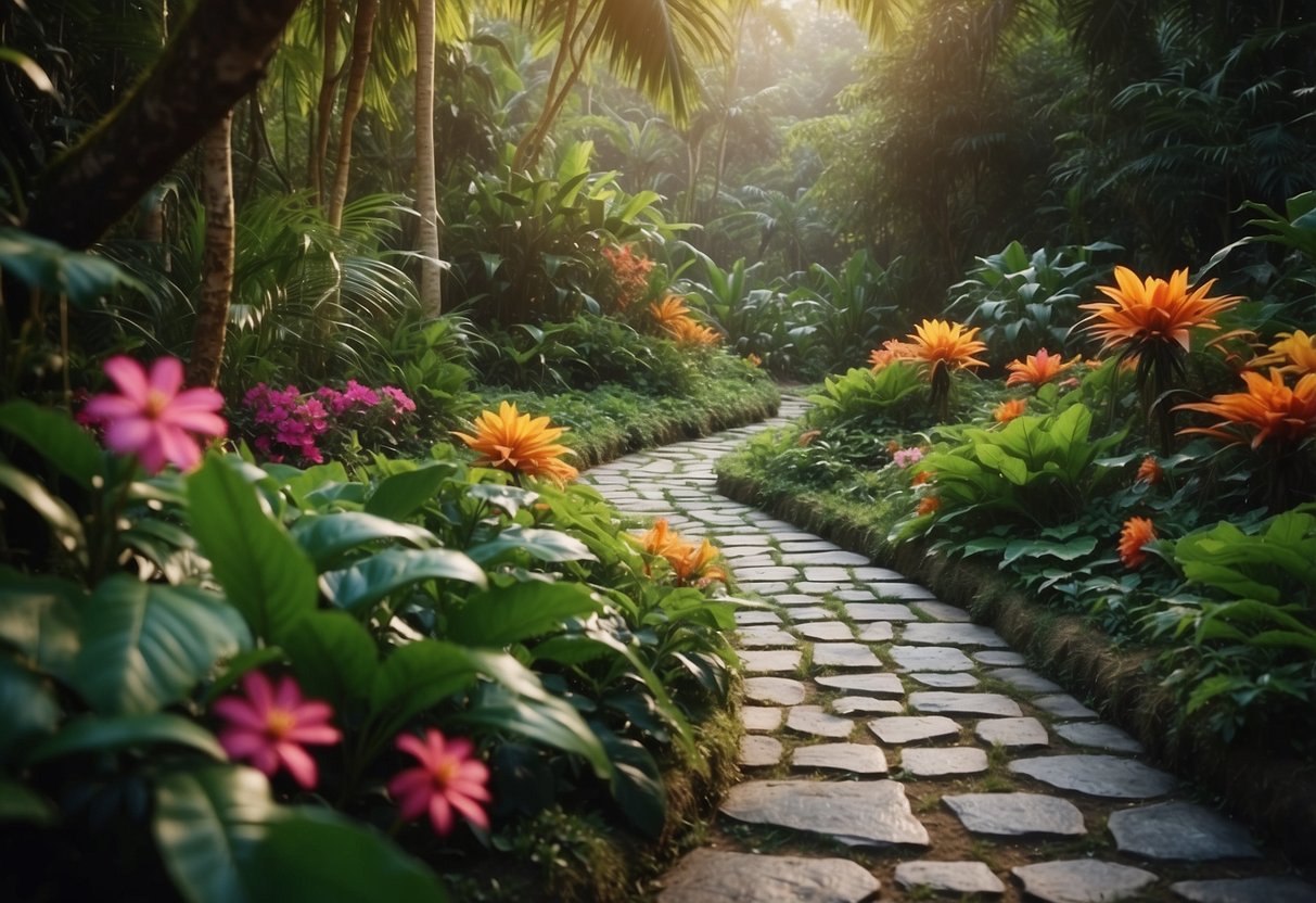 Stone pathways wind through a lush jungle garden, surrounded by vibrant greenery and colorful flowers