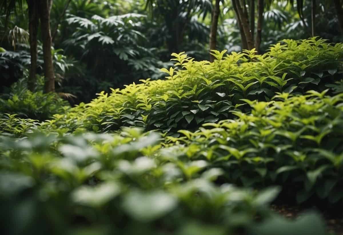 Lush green groundcovers sprawl across the jungle garden floor, creating a vibrant and tropical landscape. Rich foliage and colorful blooms add depth and texture to the scene